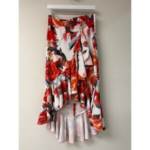Custom Made Floral Print Ruffle Accent High-Low Asymmetrical Maxi Skirt
